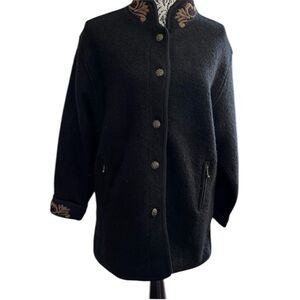 Vintage Icelandic Designs Embroidered Black Wool Coat